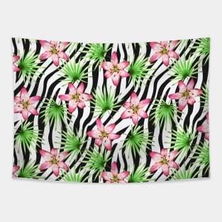 Pink Lilies and Palm Leaves on Zebra Striped Background Tapestry