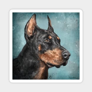 An impressive Black and Gold Doberman Pinscher on Blue Background Magnet