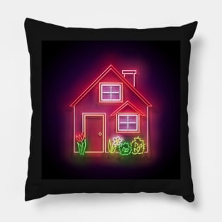 House, Red Roof and Flowerbed Pillow