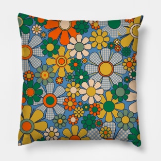 Retro Garden Gingham Flowers Colorful Vintage Aesthetic Floral Pattern Blue Mustard Green Orange Pillow