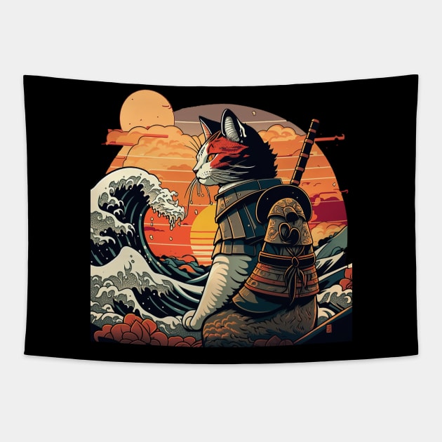 Samurai Cat vs The Great Wave Tapestry by geekmethat