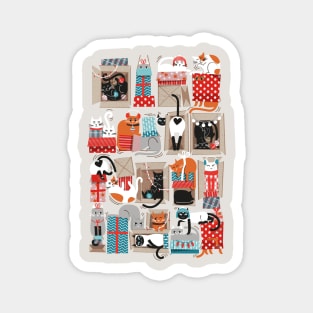 Purfect Christmas gifts // spot // beige background cute cats in cardboard red and teal wrapped boxes and holiday ornaments ribbons balls and lights Magnet