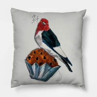 Bakery Birds: Red Headed Woodpecker on Chocolate Chip Muffin Pillow