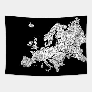 Mandala art map of Europe with text in white Tapestry