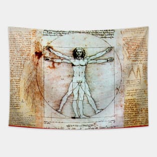 VITRUVIAN MAN Handwriting of Leonardo Da Vinci Antique Parchment Tapestry