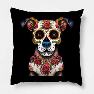 Adorable Sugar Skull Dog Art for Día de los Muertos Pillow