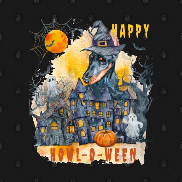 Dobermann Happy Howl-o-ween Ghost Houses Funny Watercolor by Sniffist Gang