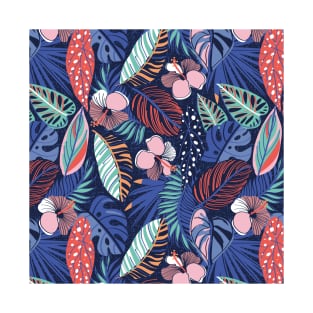 Moody tropical night // pattern // oxford blue background spearmint papaya orange denim and electric blue leaves coral cotton candy pink and dry rose hibiscus flowers T-Shirt