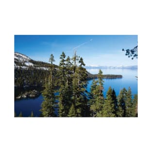 Trees At Lakeshore With Mountain Range In The Background Lake Tahoe T-Shirt