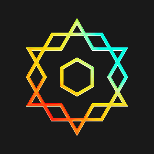 Neon Geometric Glyph Mandala Sigil Rune Sign Seal Cyan Red and Yellow  -  300 by Holy Rock Design