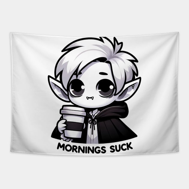 Mornings Suck Vampire Pun With Coffee Gothic Black and White Tapestry by Dad and Co