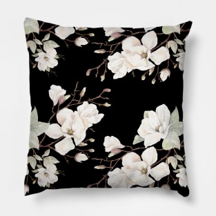 Black and White Magnolia Flower Pattern Pillow