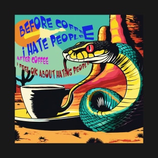 a snake drinking a cup of coffee pop art in the desert T-Shirt