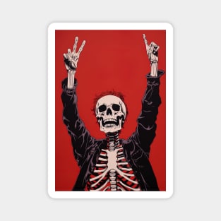 CHILL DUDE - skeleton holding hands in the air on red background Magnet