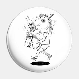 Surreal Hobby Horse Show Jumping Kid Black and White Pin