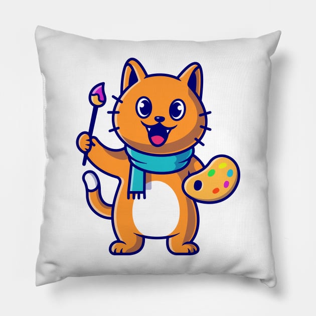 Cute Cat Painter Holding Colour Pallete And Brush Cartoon Pillow by Catalyst Labs