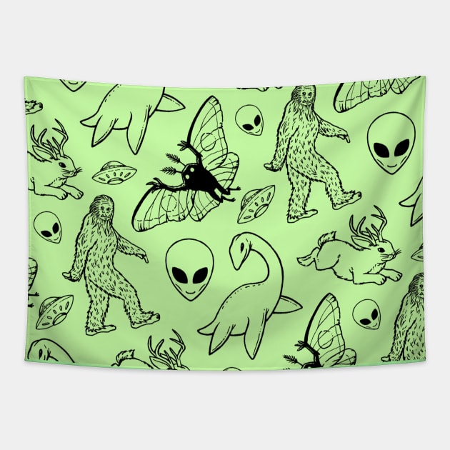 Cryptid Illustration On Green Background Tapestry by jleonardart