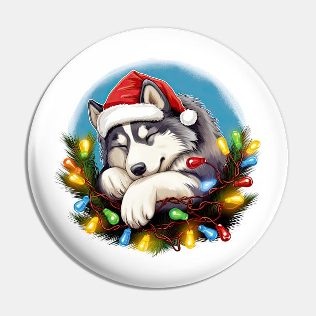 Lazy Siberian Husky Dog at Christmas Pin by Chromatic Fusion Studio