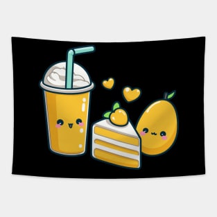 Cute Design in Kawaii Style with a Mango Cake and Milkshake | Kawaii Food Art Tapestry