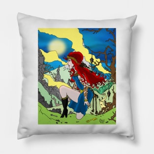 Red. Pen line art. Red-head female figure. Pillow