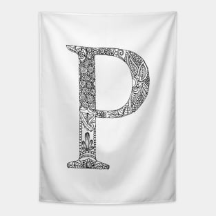 Henna Alphabet P / Henna Letter P - Black Henna Line Art Tapestry