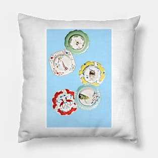 Plates with cute animals on sky blue background Pillow