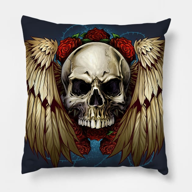 Skull wings with roses Pillow by FlylandDesigns