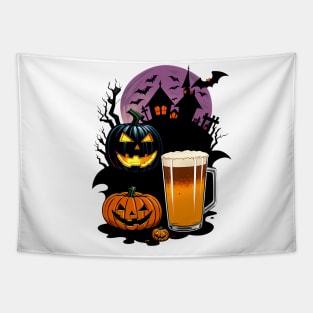 Halloween glass of beer and spooky pumpkins Tapestry