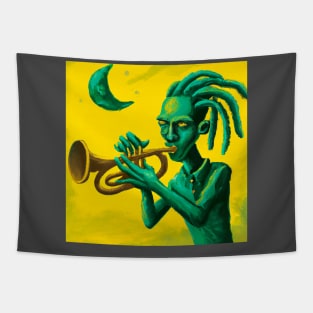 Surreal dreadlock alien playing trumpet Tapestry