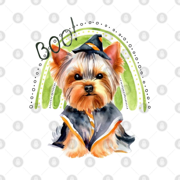 Cute Yorkie Halloween with Green Rainbow by AdrianaHolmesArt