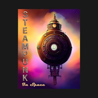 Steampunk In Space. Round Steampunk Spaceship In Space. Neon Colors T-Shirt