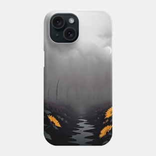 Field of yellow flowers in a misty meadow Phone Case