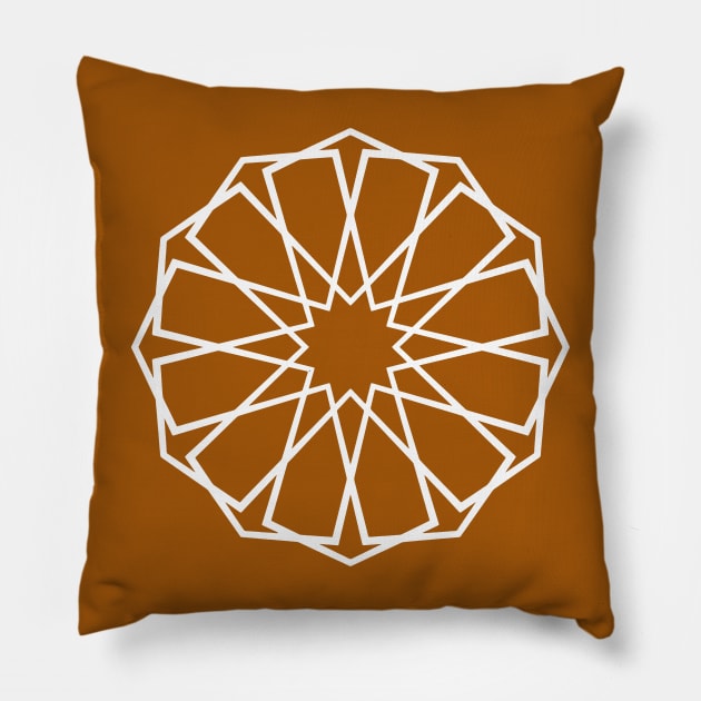 White Islamic Geometric Pattern Stars on Dark Orange Background Pillow by Tilila