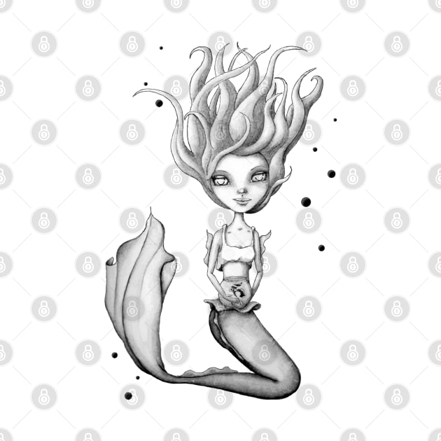 Miss Mermie and Her Pet Fish (Black and White Version) by LittleMissTyne