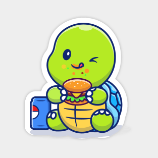 Cute Turtle Eating Burger And Soft Drink Magnet