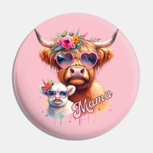 Mama Highland Cow Baby Calf Floral Mothers Day Mom Adorable Pin