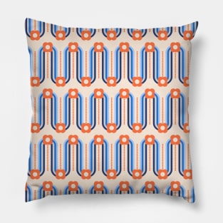 Apricot Crush, Blue, Retro Waves and Flowers Pillow