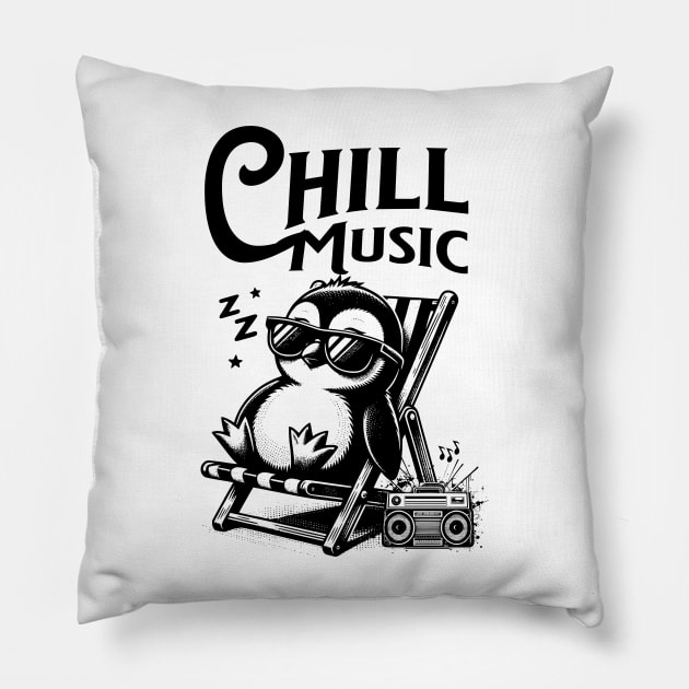 CHILL OUT MUSIC  - Chillax Penguin (black) Pillow by DISCOTHREADZ 