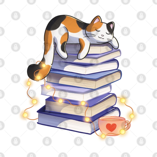 Calico Cat Sleeping On Books by Meowrye