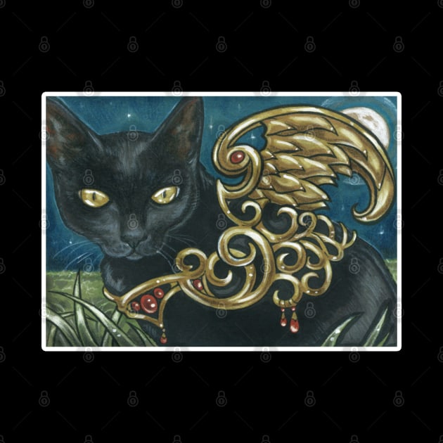 The Black Cat With Golden Wings - White Outlined Version by Nat Ewert Art