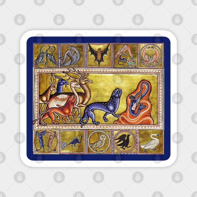 MEDIEVAL BESTIARY,DEERS,GOAT,CAMEL PANTHER,SNAKE DRAGON,FANTASTIC ANIMALS IN GOLD RED BLUE COLORS Magnet by BulganLumini