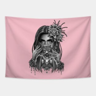 Skull Mask and Peony Flower Tapestry