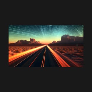 Star Trails and Speeding Lights on a Desert Road at Sunset T-Shirt