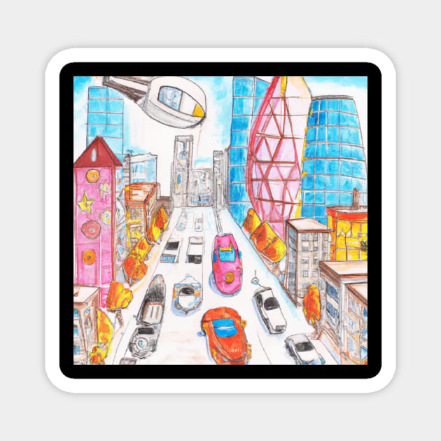 Futuristic City Pencil Drawing Magnet by retroprints