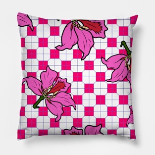 Hong Kong Bauhinia with Hot Pink Tile Floor Pattern - Summer Flower Pattern Pillow