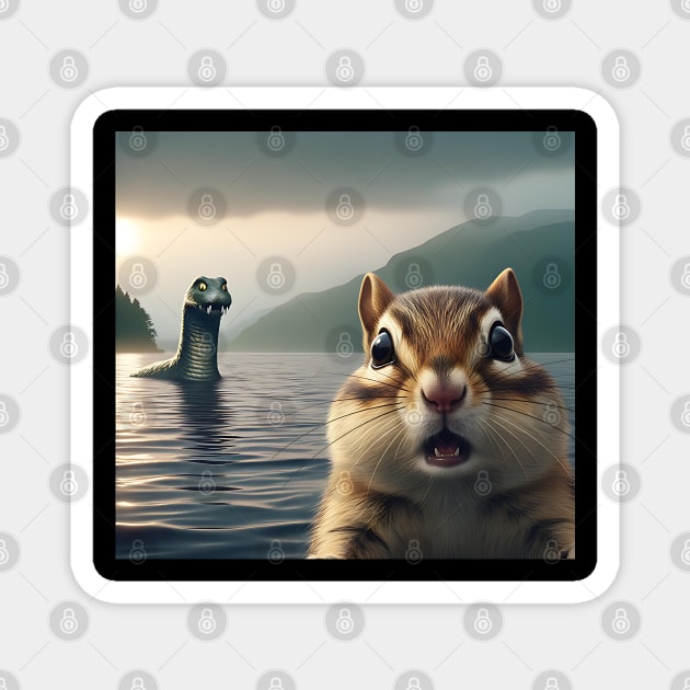 Scared chipmunk standing near Loch Ness in Scotland takes selfie with Loch Ness Monster Nessie Magnet by Luxinda