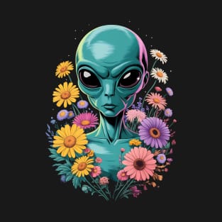 Alien Surrounded By Colorful Flowers Harmony T-Shirt
