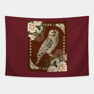 Barn Owl with Ivory Roses in Art Nouveau Influence Tapestry