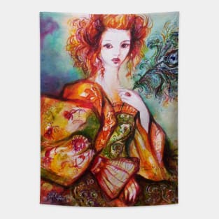 ROMANTIC WOMAN WITH SPARKLING PEACOCK FEATHER Tapestry