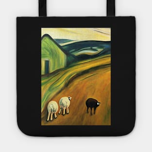 Colourful oil painting of a farm with sheep Tote